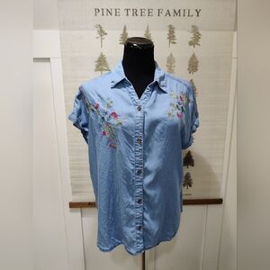 ALIA Floral Embroidered Lyocell Denim Top Blue Short Sleeve - Size 16